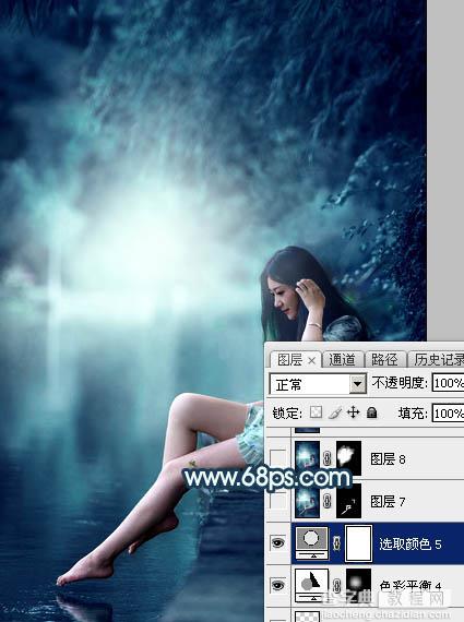 Photoshop调出梦幻唯美的暗调青蓝色河边人物图片50