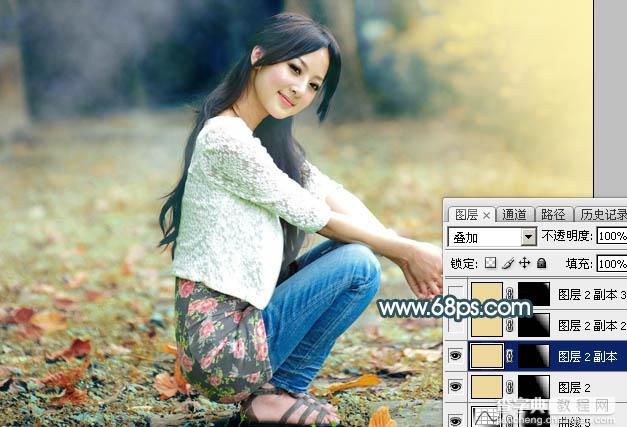 Photoshop将草地人物图片调制出柔和甜美的淡调青红色39