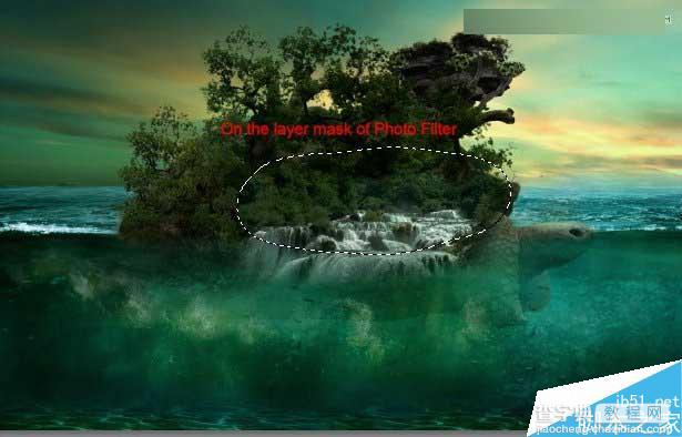 Photoshop合成海洋巨龟驮着岛在水上漂浮的效果图76