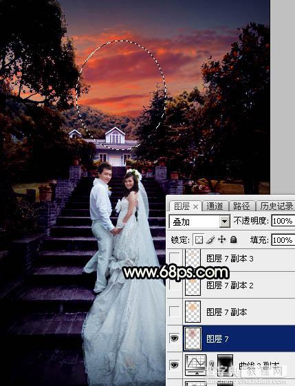 Photoshop调出暗调暖色霞光园林中情侣图片40