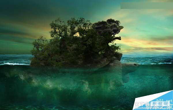 Photoshop合成海洋巨龟驮着岛在水上漂浮的效果图67