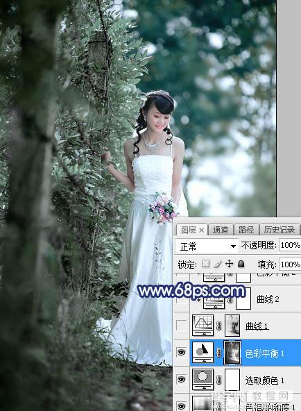 Photoshop将外景婚片打造唯美的秋季暗调青蓝色13