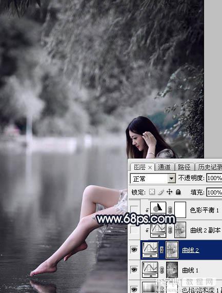 Photoshop为水景人物图片调制出梦幻的暗蓝色色调12