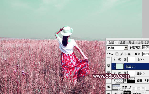 Photoshop将草丛人物图片打造魔幻的粉调红绿色效果30