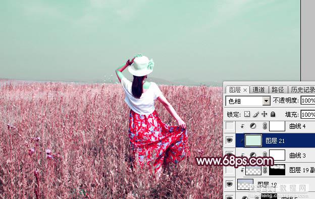 Photoshop将草丛人物图片打造魔幻的粉调红绿色效果30