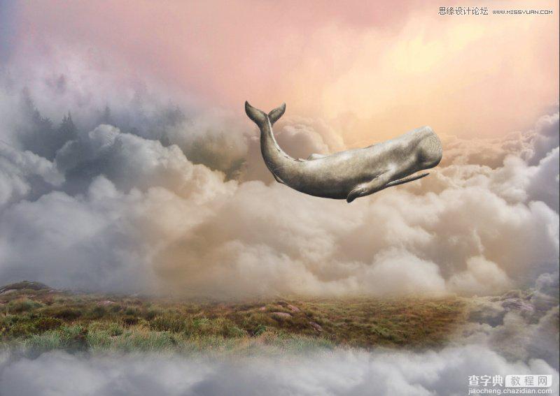 Photoshop合成在鲸鱼背着城堡在云端飞翔的场景14