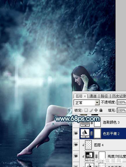Photoshop调出梦幻唯美的暗调青蓝色河边人物图片27