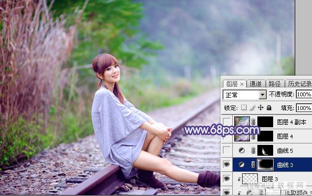 Photoshop将铁轨人物图片打造清爽的淡调蓝绿色效果35