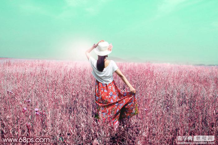 Photoshop将草丛人物图片打造魔幻的粉调红绿色效果2
