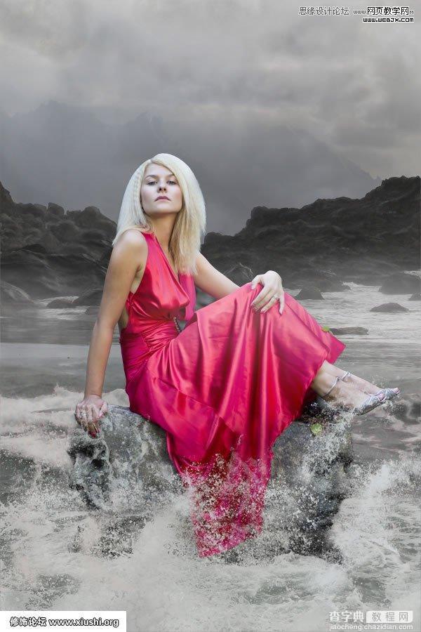 Photoshop合成制作梦幻的海边在坐岩石上的美女图片教程22