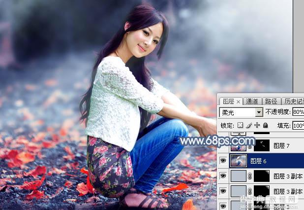 Photoshop将外景人物图片打造出古典暗蓝色秋季效果52