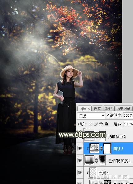 Photoshop调制出灿烂的黄褐色树中人物图片34