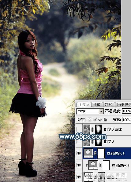 Photoshop调制出暗蓝秋季色树林人物图片25