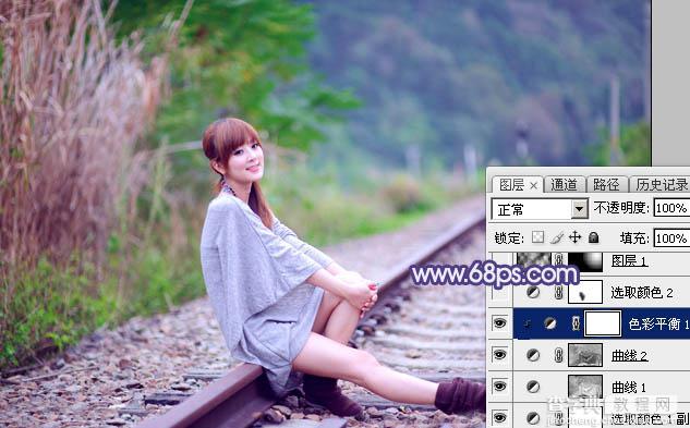 Photoshop将铁轨人物图片打造清爽的淡调蓝绿色效果18