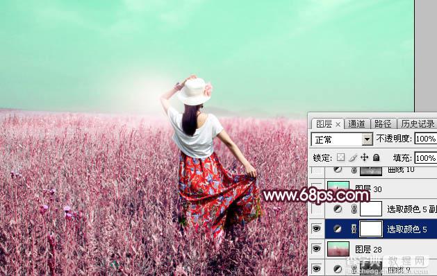Photoshop将草丛人物图片打造魔幻的粉调红绿色效果50