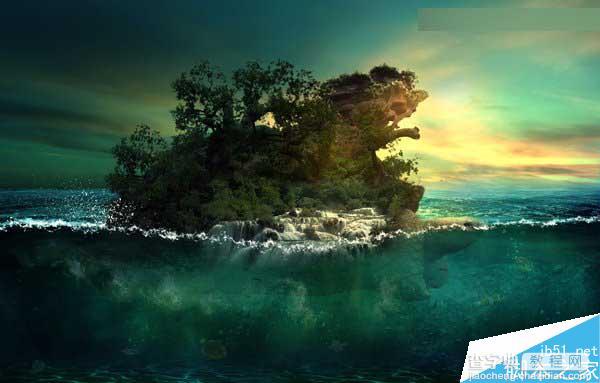 Photoshop合成海洋巨龟驮着岛在水上漂浮的效果图107