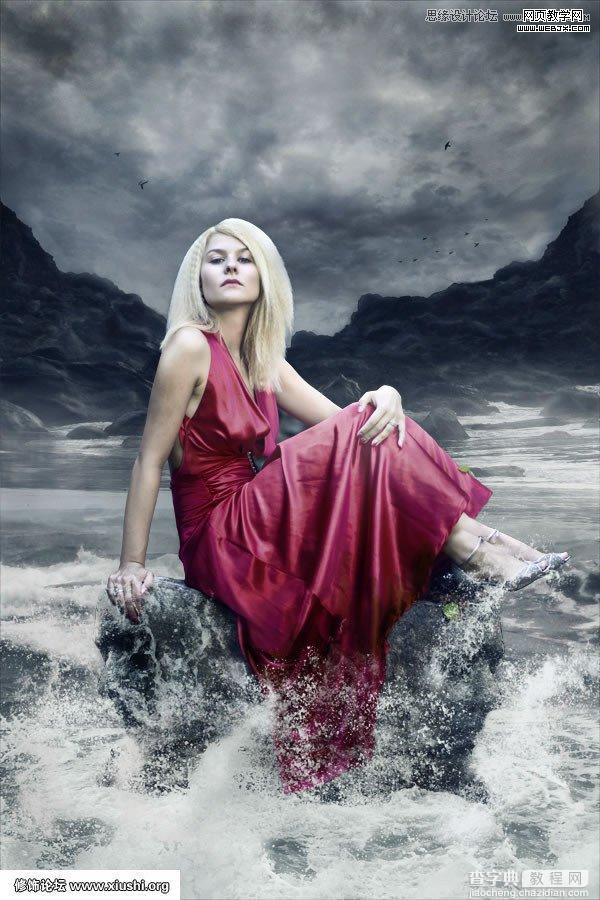 Photoshop合成制作梦幻的海边在坐岩石上的美女图片教程50
