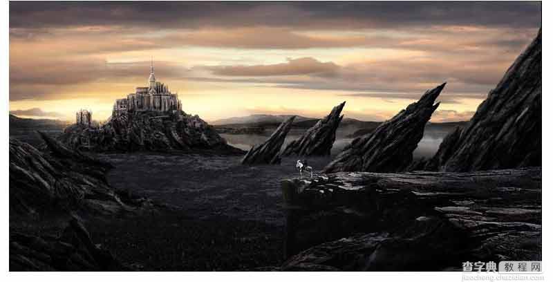 Photoshop合成骑士站在山间瞭望城堡的场景33