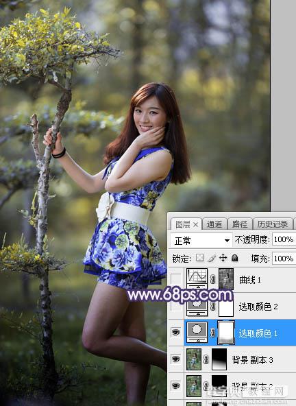 Photoshop将树林人物图片打造唯美的秋季蓝黄色8