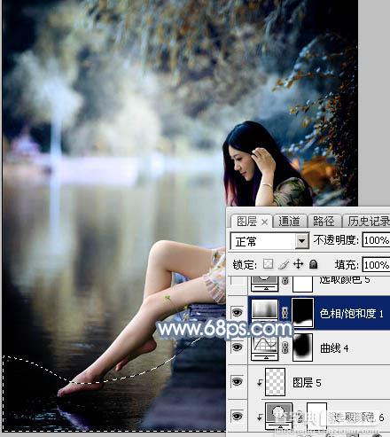 Photoshop将水景人物图片打造出柔和的古典青蓝色特效42