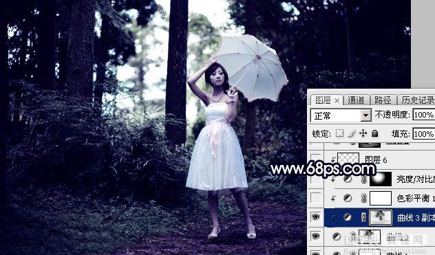 Photoshop调制出霞光中的树林人物图片17