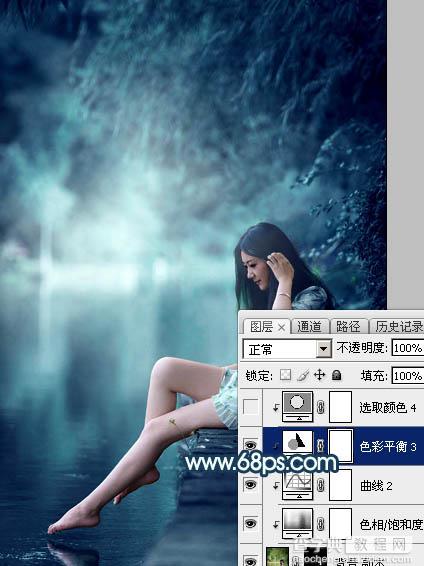 Photoshop调出梦幻唯美的暗调青蓝色河边人物图片39