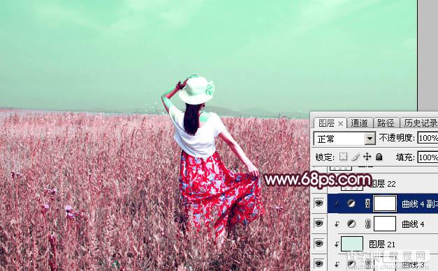 Photoshop将草丛人物图片打造魔幻的粉调红绿色效果35
