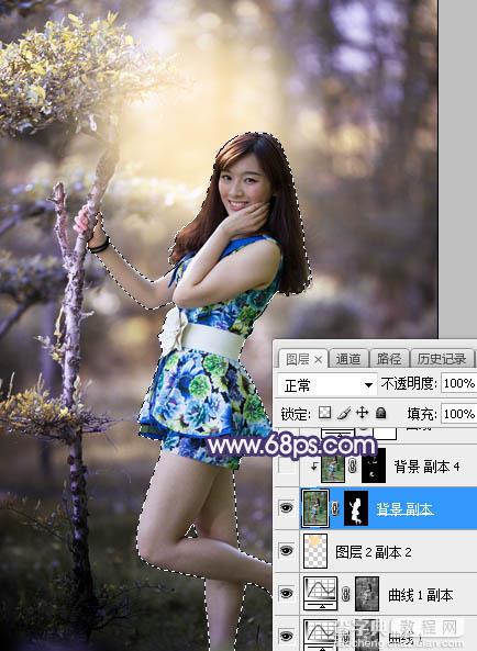 Photoshop将树林人物图片打造唯美的秋季蓝黄色17