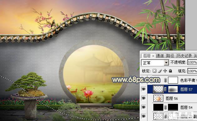 Photoshop合成唯美的江南古典园林拱门美景教程59