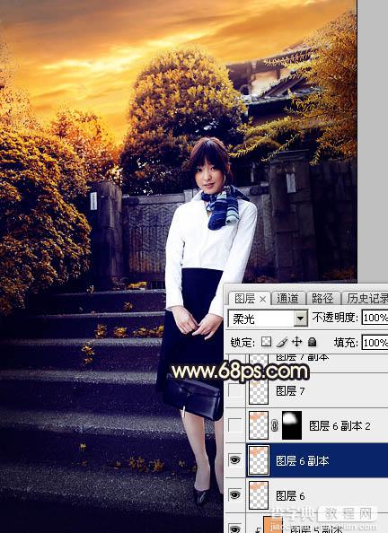 Photoshop调制出唯美的暗调霞光古建筑边人物图片34