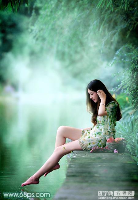Photoshop将湖景人物图片打造甜美的粉调青绿色2