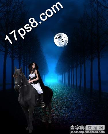 Photoshop合成深夜里手持火把在森林骑马的美女13