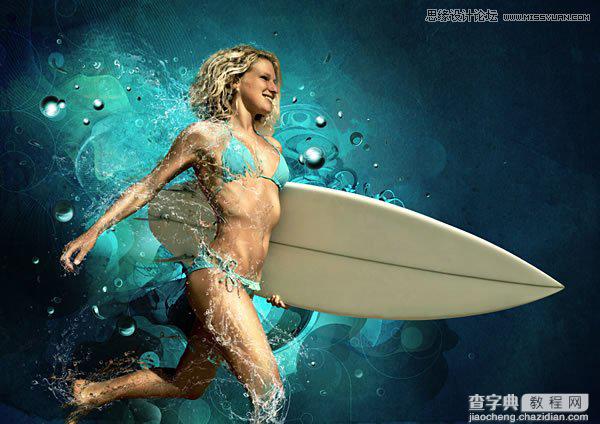 Photoshop合成从水花中冲出抱着滑板的海边美女1