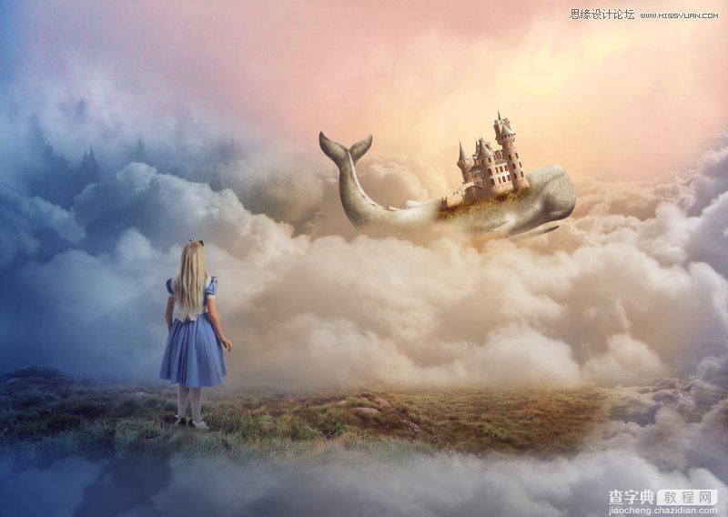 Photoshop合成在鲸鱼背着城堡在云端飞翔的场景30
