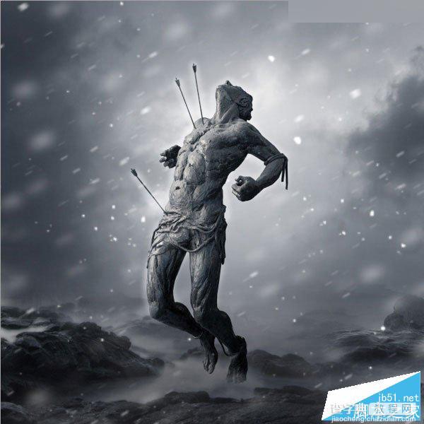 Photoshop合成暴风雪中被射杀的勇士雕塑悲壮场景37