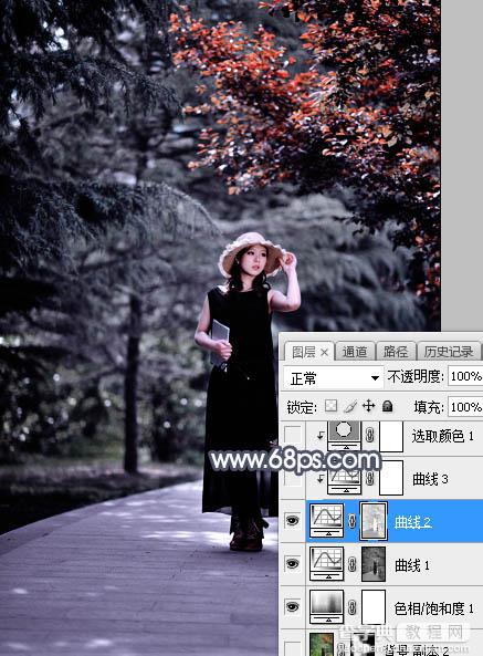 Photoshop将外景人物图片打造深秋暗调蓝红色11