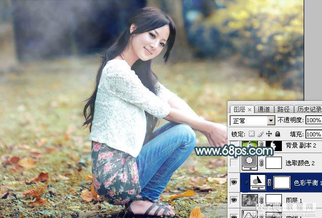 Photoshop将草地人物图片调制出柔和甜美的淡调青红色20