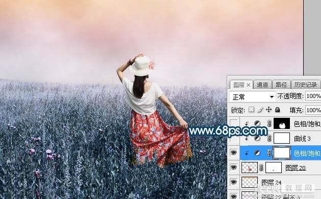 Photoshop将草原人物图片打造出唯美的蓝红色特效34