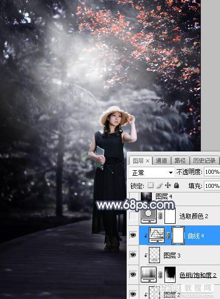 Photoshop将外景人物图片打造深秋暗调蓝红色29