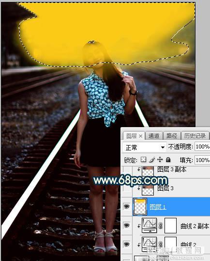 Photoshop调制出暗黄色霞光效果铁轨中间的人物图片10