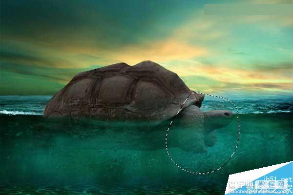 Photoshop合成海洋巨龟驮着岛在水上漂浮的效果图31