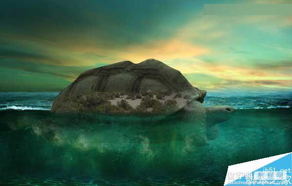Photoshop合成海洋巨龟驮着岛在水上漂浮的效果图42