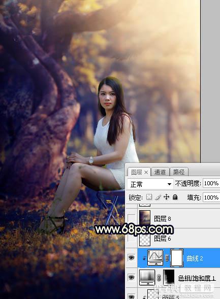 Photoshop调制出唯美的深秋暗黄色树林人物图片45