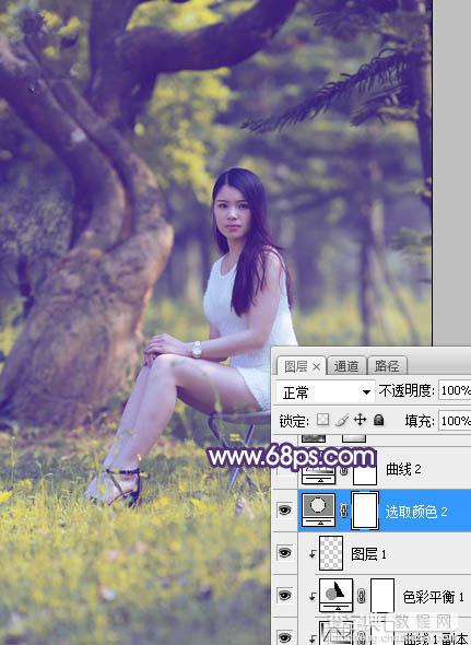 Photoshop调制出小清新蓝黄色树边人物图片18