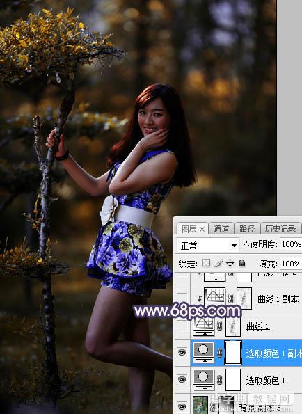 Photoshop将树林人物图片调制出高对比暗调蓝黄色9