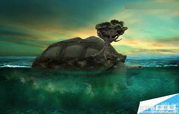 Photoshop合成海洋巨龟驮着岛在水上漂浮的效果图46