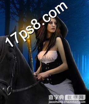 Photoshop合成深夜里手持火把在森林骑马的美女21