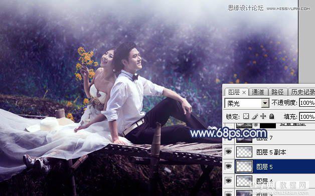 Photoshop制作梦幻蓝色调的河边婚纱照教程26