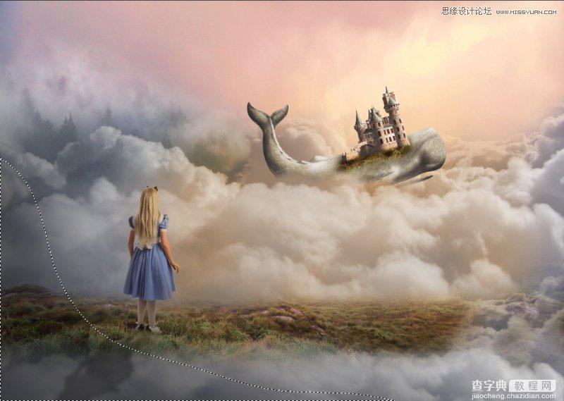 Photoshop合成在鲸鱼背着城堡在云端飞翔的场景25