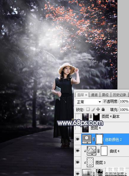 Photoshop将外景人物图片打造深秋暗调蓝红色33